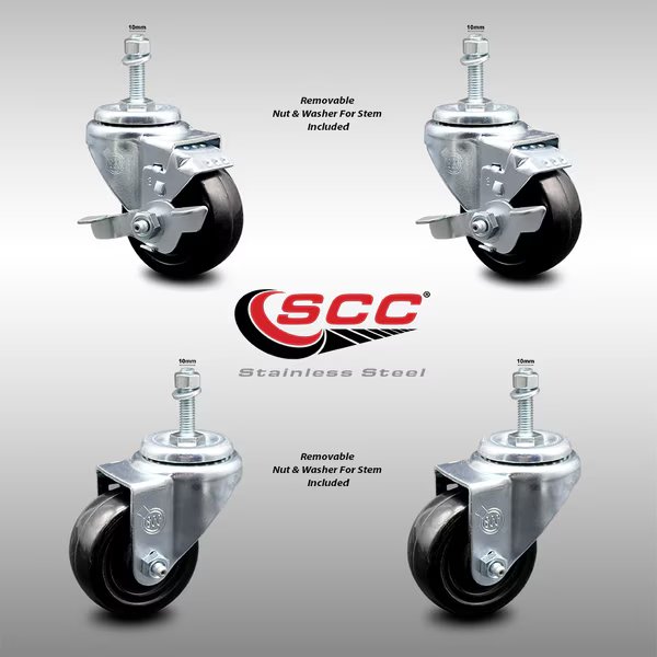 3.5 Inch SS Hard Rubber Wheel Swivel 10mm Threaded Stem Caster Brakes, 2PK, Service Caster, Mfr#: SCC-SSTS20S3514-HRS-M1015-2-TLB-2
